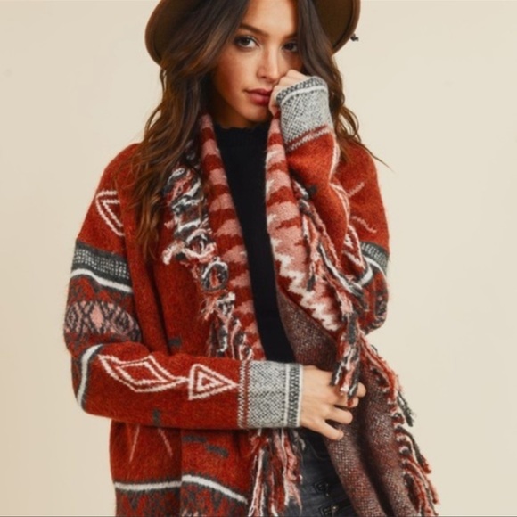 Sweaters - Aztec Fringe Sweater Rust